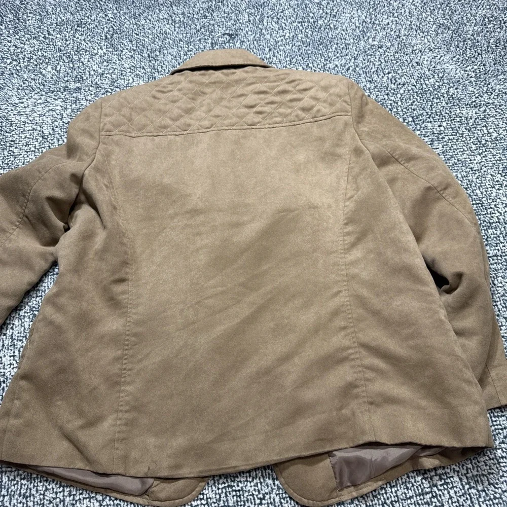 Tanjay Faux Suede Jacket Size 16 Tan Camel Quilted Shoulder Blazer Button Front